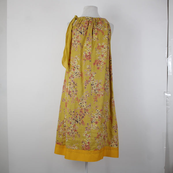 Bella Amore Sz M Yellow Pink Multi Color Floral Unlined 100% Linen Cotton Dress