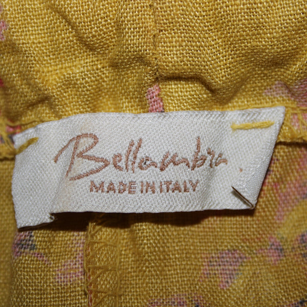 Bella Amore Sz M Yellow Pink Multi Color Floral Unlined 100% Linen Cotton Dress