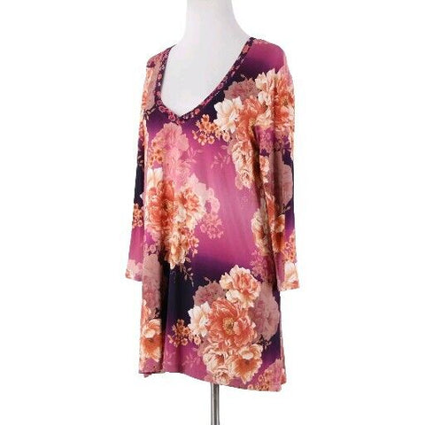 Johnny Was NEW $160 Carina Sz M Purple Multi Floral V Neck Rayon Spandex Top