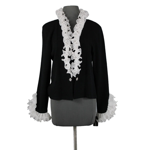 Terani NEW $2100 Sz 12 Black White Ruffled Pleated Wool Rayon Jacket