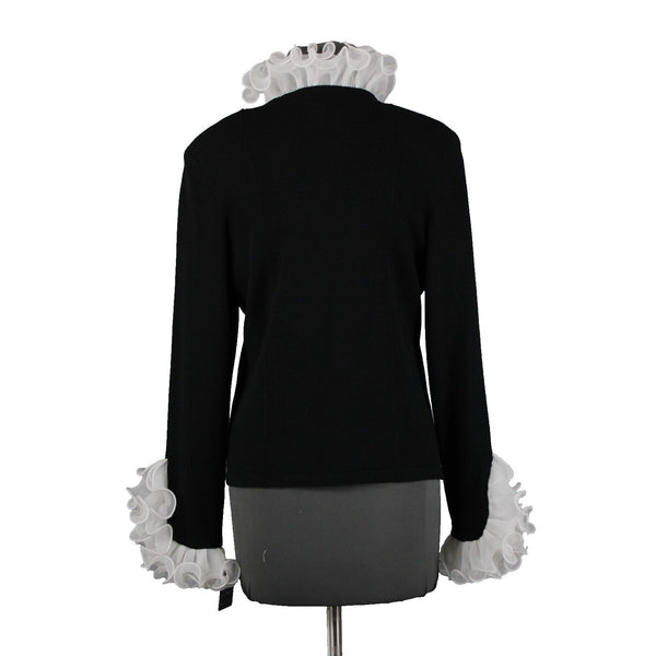 Terani NEW $2100 Sz 12 Black White Ruffled Pleated Wool Rayon Jacket