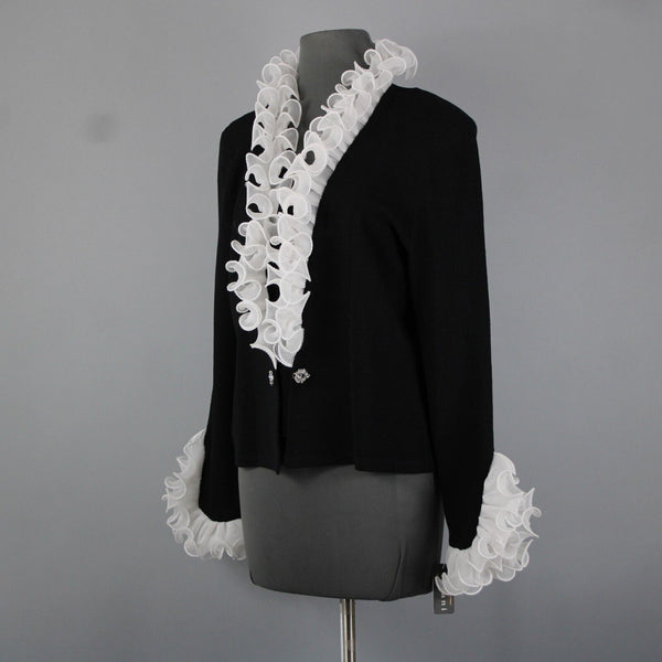 Terani NEW $2100 Sz 12 Black White Ruffled Pleated Wool Rayon Jacket
