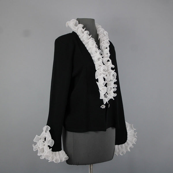 Terani NEW $2100 Sz 12 Black White Ruffled Pleated Wool Rayon Jacket