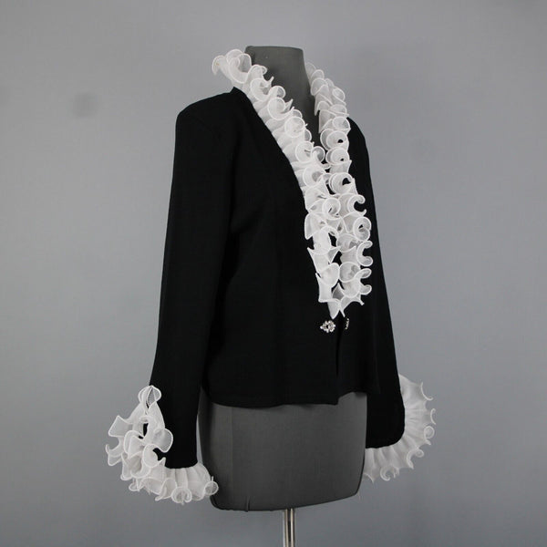 Terani NEW $2100 Sz 12 Black White Ruffled Pleated Wool Rayon Jacket