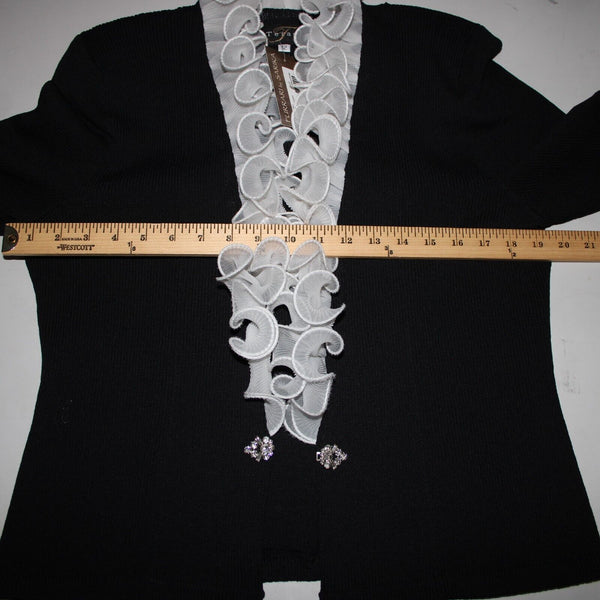 Terani NEW $2100 Sz 12 Black White Ruffled Pleated Wool Rayon Jacket