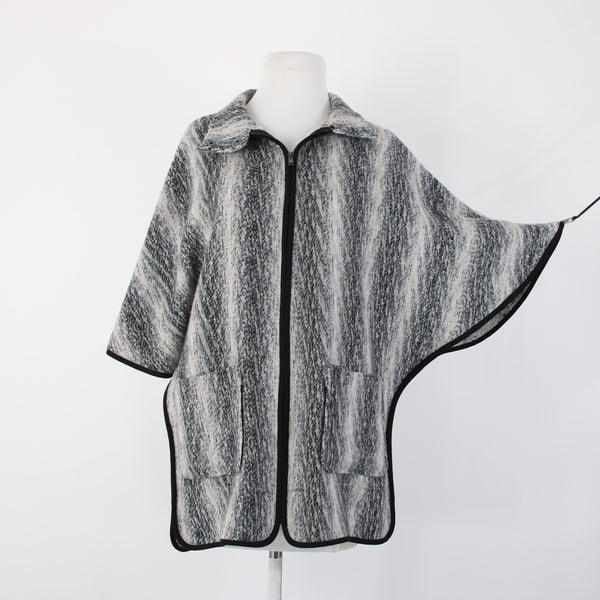 Ro De Sz S Black White Gray Collar Zipper Pockets Boho Polyester Acrylic Jacket