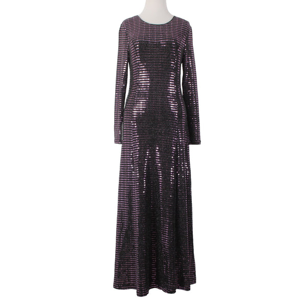 Lapis Dress Sz 8 Black Purple Paillettes Lined Long Sleeve Nylon Poly Spandex