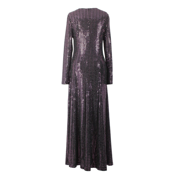 Lapis Dress Sz 8 Black Purple Paillettes Lined Long Sleeve Nylon Poly Spandex