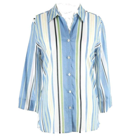 Charter Club Sz 10 Blue White Multi Striped Button Up 100% Cotton Top
