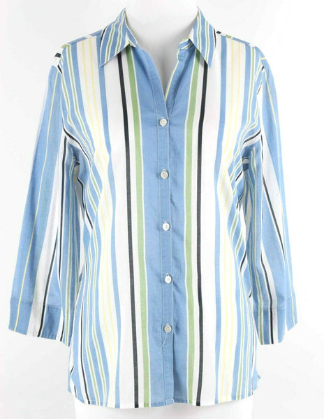 Charter Club Sz 10 Blue White Multi Striped Button Up 100% Cotton Top