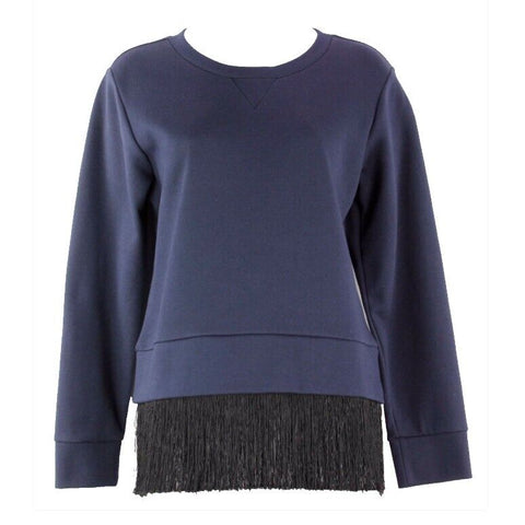 J Crew Sz S Navy Black Heavy Jersey w 4.5" Black Fringed Hem Cotton Top