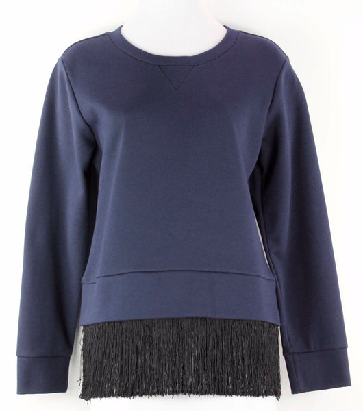 J Crew Sz S Navy Black Heavy Jersey w 4.5" Black Fringed Hem Cotton Top
