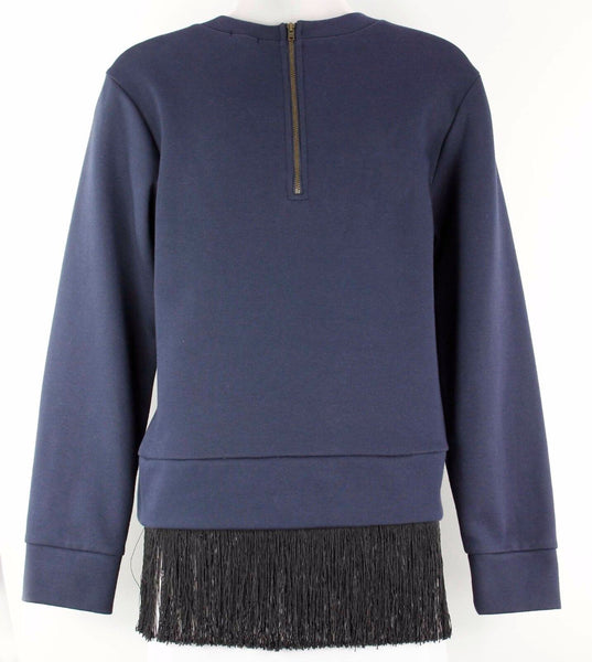 J Crew Sz S Navy Black Heavy Jersey w 4.5" Black Fringed Hem Cotton Top