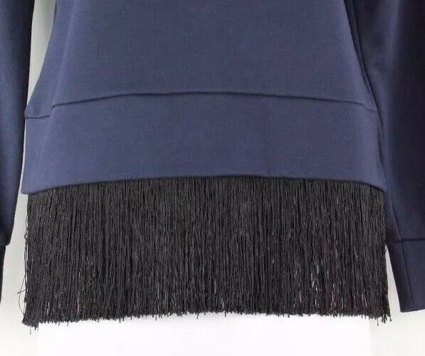 J Crew Sz S Navy Black Heavy Jersey w 4.5" Black Fringed Hem Cotton Top