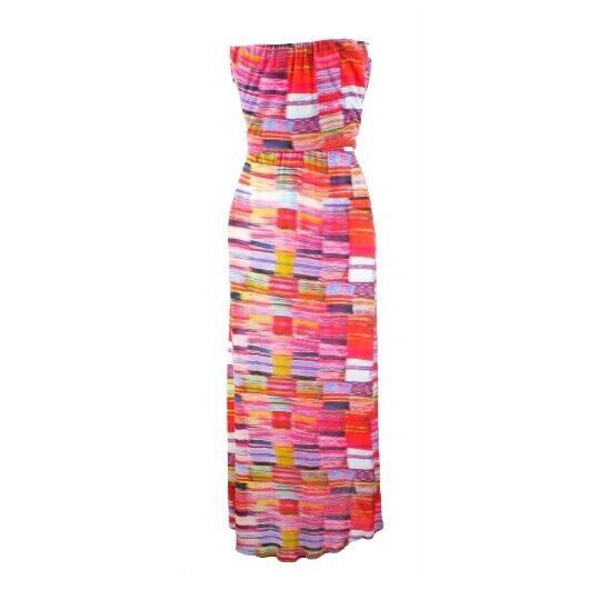 Velvet Sz M Red Multi Color Strapless Long Hi Lo Jersey Viscose Spandex Dress