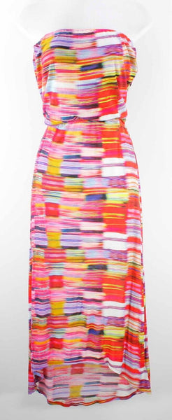 Velvet Sz M Red Multi Color Strapless Long Hi Lo Jersey Viscose Spandex Dress