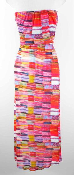 Velvet Sz M Red Multi Color Strapless Long Hi Lo Jersey Viscose Spandex Dress