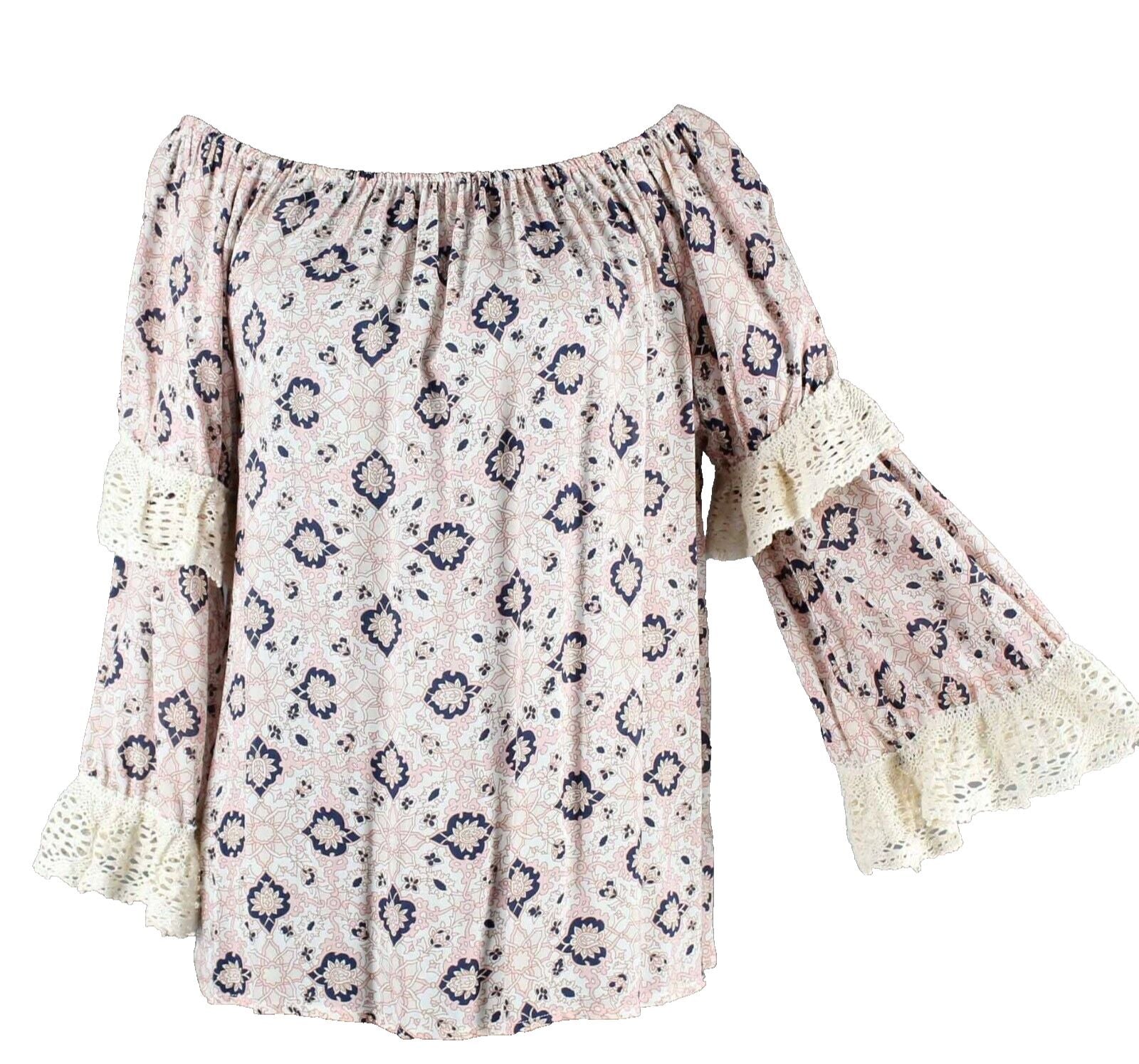 Nightcap Clothing Sz S Ivory Multi Lace Trim Double Sleeve Rayon Cotton Top