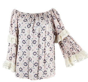 Nightcap Clothing Sz S Ivory Multi Lace Trim Double Sleeve Rayon Cotton Top