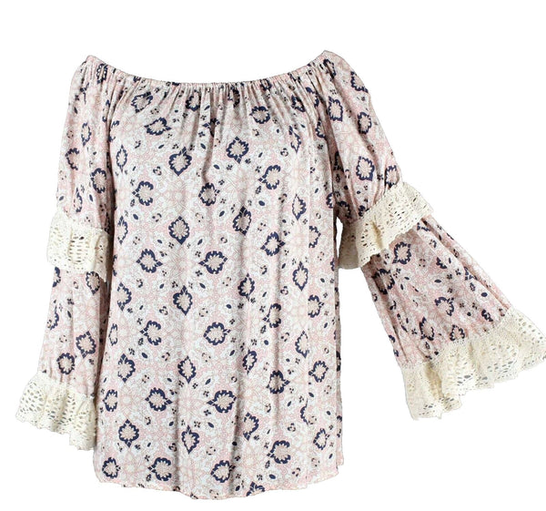 Nightcap Clothing Sz S Ivory Multi Lace Trim Double Sleeve Rayon Cotton Top