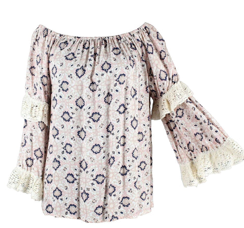 Nightcap Clothing Sz S Ivory Multi Lace Trim Double Sleeve Rayon Cotton Top