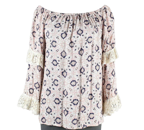 Nightcap Clothing Sz S Ivory Multi Lace Trim Double Sleeve Rayon Cotton Top