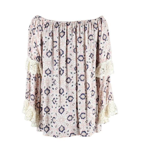 Nightcap Clothing Sz S Ivory Multi Lace Trim Double Sleeve Rayon Cotton Top
