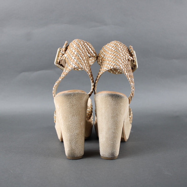 Donald J Pliner Niketa Sz 9.5 M Tan Gold Synthetic Upper Rubber Sole 4.75" Heels