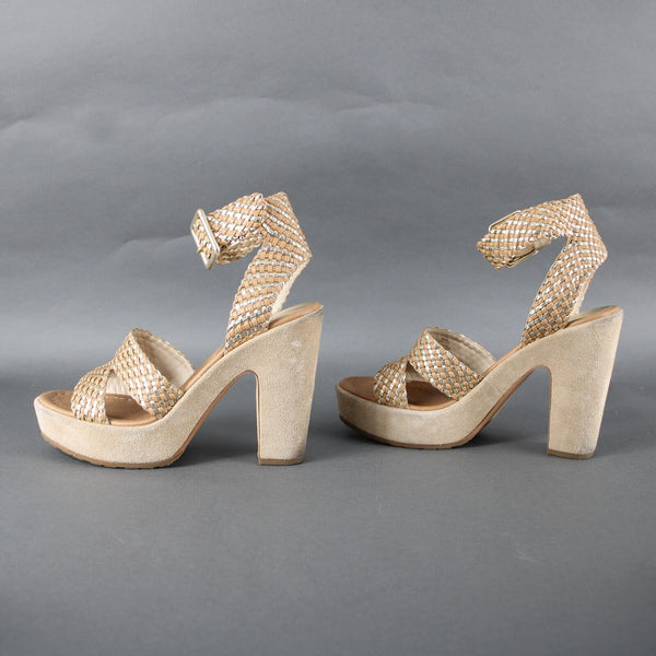 Donald J Pliner Niketa Sz 9.5 M Tan Gold Synthetic Upper Rubber Sole 4.75" Heels