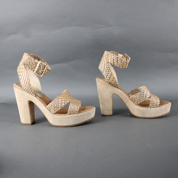 Donald J Pliner Niketa Sz 9.5 M Tan Gold Synthetic Upper Rubber Sole 4.75" Heels