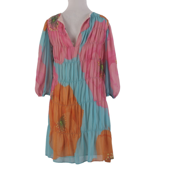 Trina Turk Dress NEW $378 Sz XS Blue Pink Multi Colored 100% Recycled Poly AS IS