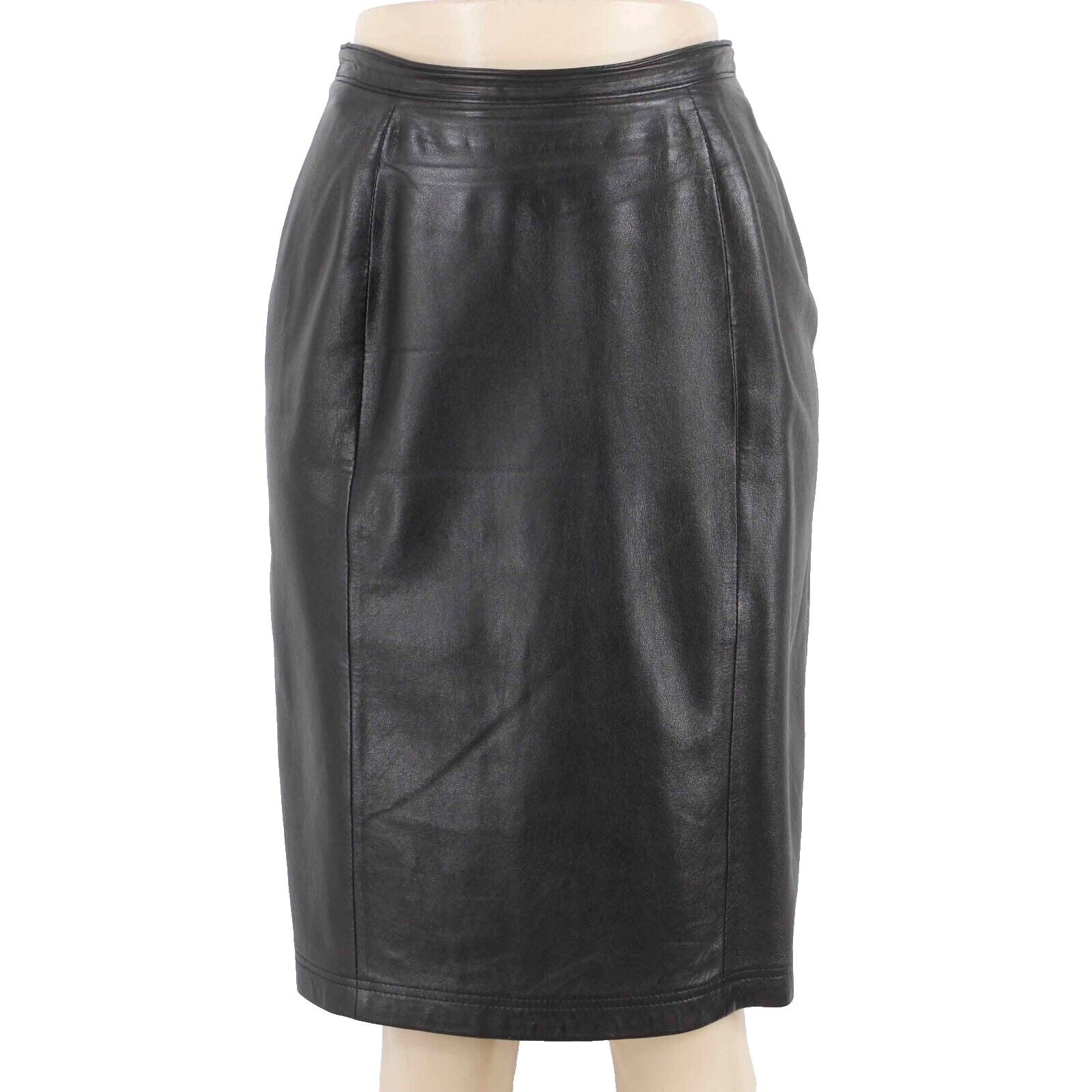 Cynthia Max Sz 8 Black Smooth Leather Acetate Lined Kick Pleat Pencil Skirt