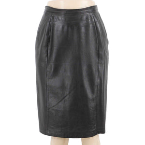 Cynthia Max Sz 8 Black Smooth Leather Acetate Lined Kick Pleat Pencil Skirt