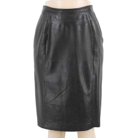 Cynthia Max Sz 8 Black Smooth Leather Acetate Lined Kick Pleat Pencil Skirt