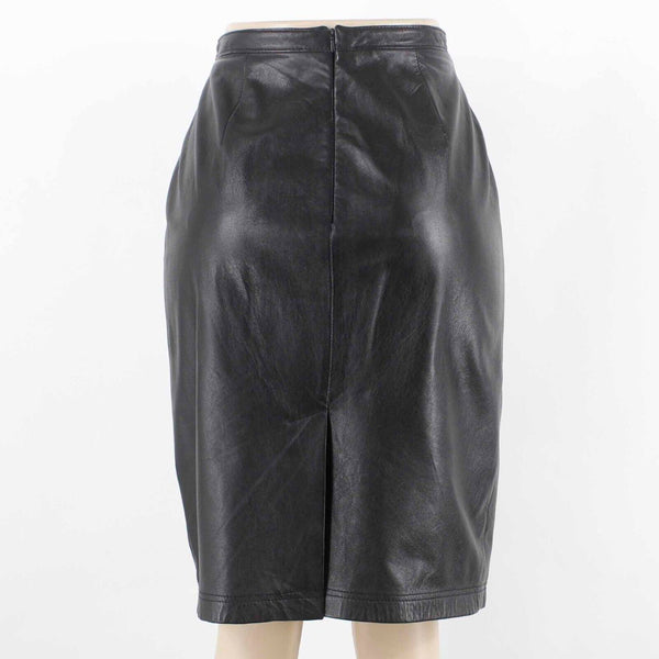 Cynthia Max Sz 8 Black Smooth Leather Acetate Lined Kick Pleat Pencil Skirt