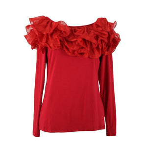 Stera Sz S Red Dressy Wired Sheer Ruffle Neck Long Sleeve Viscose Spandex Top