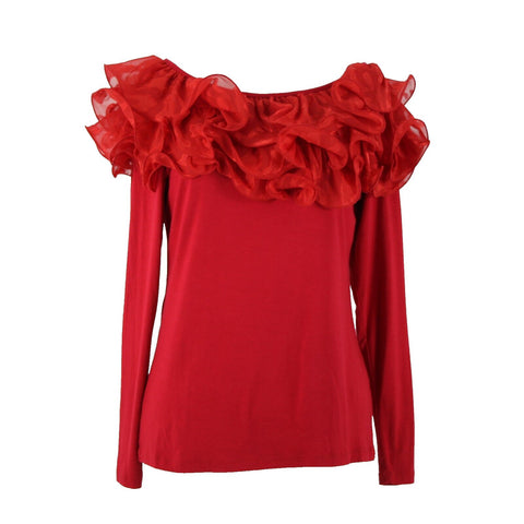 Stera Sz S Red Dressy Wired Sheer Ruffle Neck Long Sleeve Viscose Spandex Top