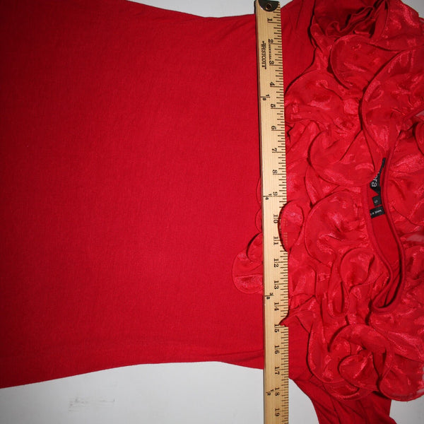 Stera Sz S Red Dressy Wired Sheer Ruffle Neck Long Sleeve Viscose Spandex Top