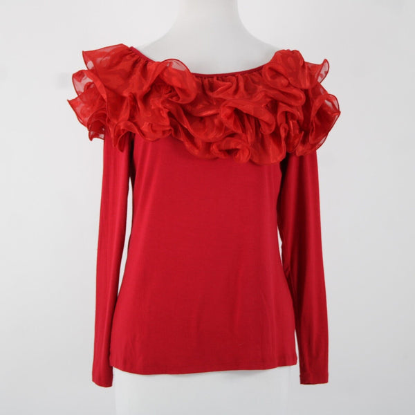 Stera Sz S Red Dressy Wired Sheer Ruffle Neck Long Sleeve Viscose Spandex Top