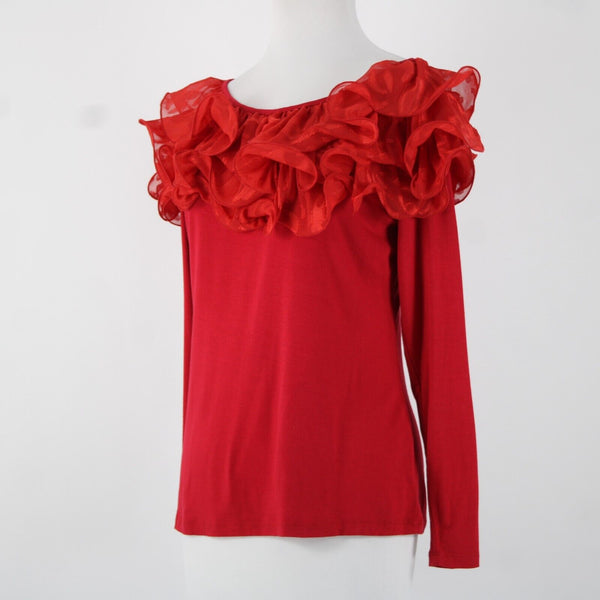 Stera Sz S Red Dressy Wired Sheer Ruffle Neck Long Sleeve Viscose Spandex Top