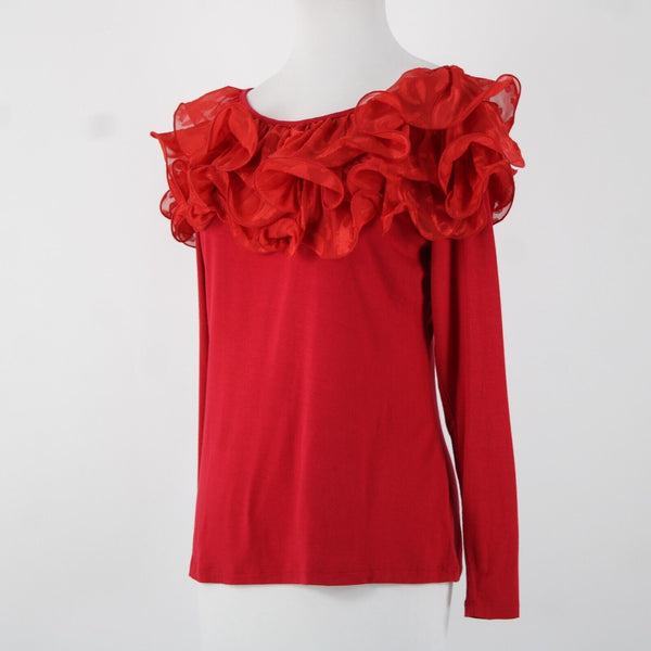 Stera Sz S Red Dressy Wired Sheer Ruffle Neck Long Sleeve Viscose Spandex Top