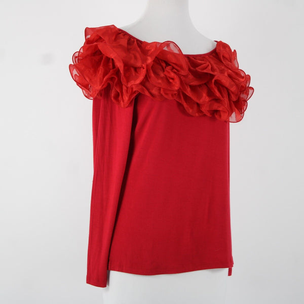 Stera Sz S Red Dressy Wired Sheer Ruffle Neck Long Sleeve Viscose Spandex Top