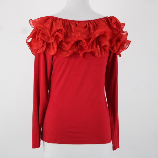 Stera Sz S Red Dressy Wired Sheer Ruffle Neck Long Sleeve Viscose Spandex Top