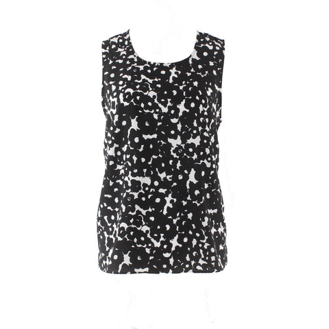 CAbi Sz S Black White Floral Hi Lo Single Back Neck Button 100% Poly Top
