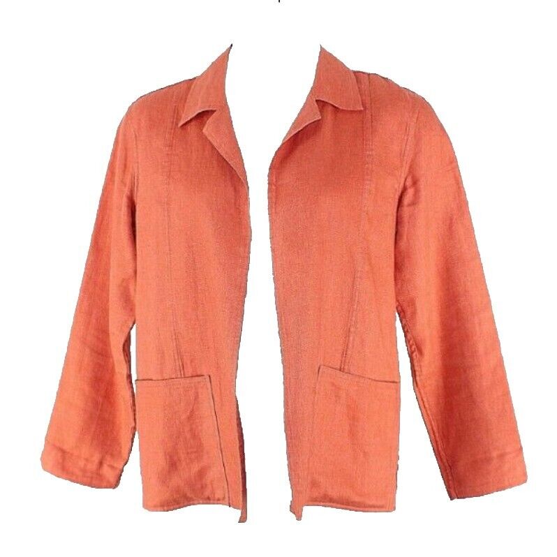 Coldwater Creek Sz S Burnt Orange Patch Pocket Open Front 100% Linen Jacket