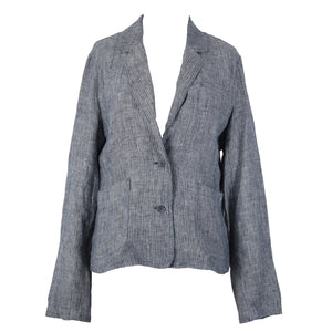 Eileen Fisher Sz M Navy Blue White Striped Unstructured 100% Linen Casual Jacket