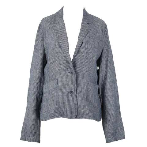 Eileen Fisher Sz M Navy Blue White Striped Unstructured 100% Linen Casual Jacket