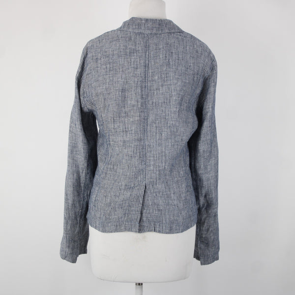 Eileen Fisher Sz M Navy Blue White Striped Unstructured 100% Linen Casual Jacket