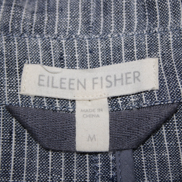 Eileen Fisher Sz M Navy Blue White Striped Unstructured 100% Linen Casual Jacket