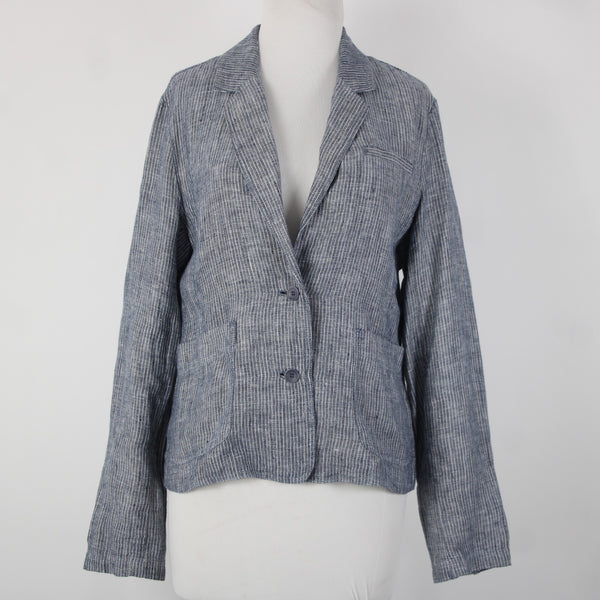 Eileen Fisher Sz M Navy Blue White Striped Unstructured 100% Linen Casual Jacket